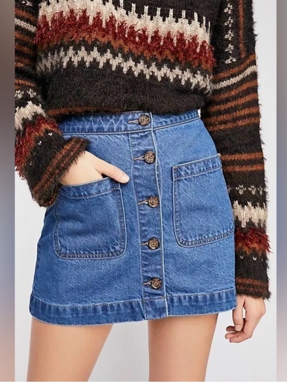 Free People Blue Button-Front Denim Mini Skirt